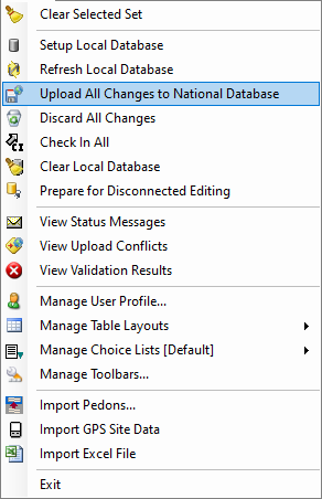 NASIS Client NASIS menu with Upload All Changes to National Database option highlighted