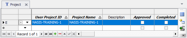 NASIS Client Project table with letter E at left of NASIS-TRAINING-1 User Project ID and Project Name row that is highlighted