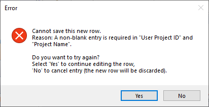 NASIS Client Error window indicating a non-blank entry is required in User Project ID and Project Name