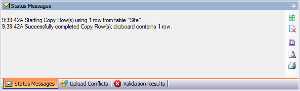 NASIS Client Status Messages window containing messages of when the copy selected rows command started and when the command was successfully completed