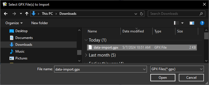 NASIS Client Select GPX File(s) to import window with data-import.gpx highlighted