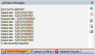 NASIS Client Status Messages window containing a list of sites added during the GPS data import