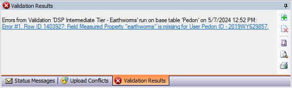 NASIS Client Validations Results window containing an error message indicating Row ID 1403927 is missing the earthworms Field Measured Property