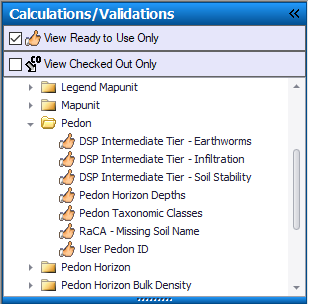 NASIS Client Calculations/Validatoins tab open in the table of contents with the Pedon folder expanded showing validations