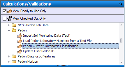 NASIS Client Calculations/Validations tab opened in the table of contents with the Pedon Current Taxonomic Classification calculation highlighted