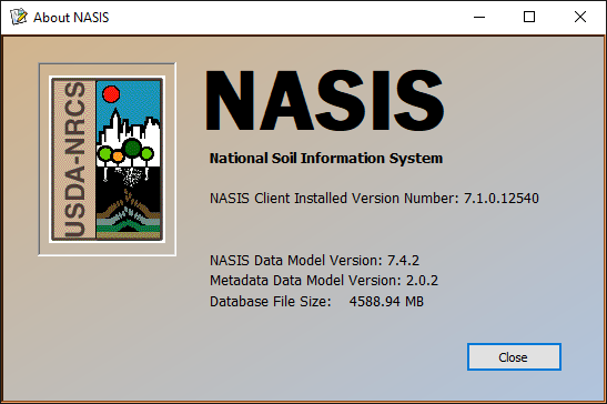 NASIS Client About NASIS window