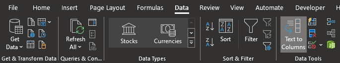 Microsoft Excel application showing the Data tab menu selected and the Text to Columns button highlighted