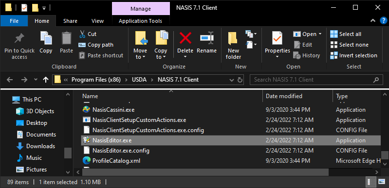 NASISEditor.exe icon and text application highlighted in the Windows Explorer Window