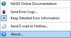 NASIS Client help menu with About... option highlighted