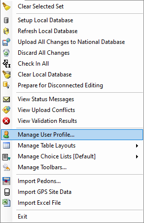 NASIS Client NASIS menu with the Manage User Profile... option highlighted