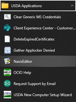 NASISEditor icon and text shortcut highlighted in the Windows Start menu program list