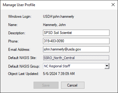 NASIS Client Manage User Profile window