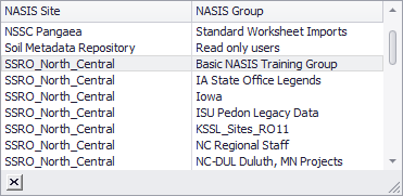 NASIS Client NASIS Group choice list with Basic NASIS Training Group highlighted NASIS Client NASIS Group choice list with Basic NASIS Training Group highlighted
