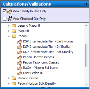NASIS Client Calculations/Validatoins tab open in the table of contents with the Pedon folder expanded showing validations NASIS Client Calculations/Validatoins tab open in the table of contents with the Pedon folder expanded showing validations
