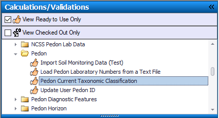 NASIS Client Calculations/Validations tab opened in the table of contents with the Pedon Current Taxonomic Classification calculation highlighted NASIS Client Calculations/Validations tab opened in the table of contents with the Pedon Current Taxonomic Classification calculation highlighted