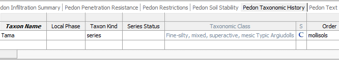 NASIS Client Pedon Taxonomic History table selected showing the Taxonomic Class of a row with Tama Taxon Name NASIS Client Pedon Taxonomic History table selected showing the Taxonomic Class of a row with Tama Taxon Name